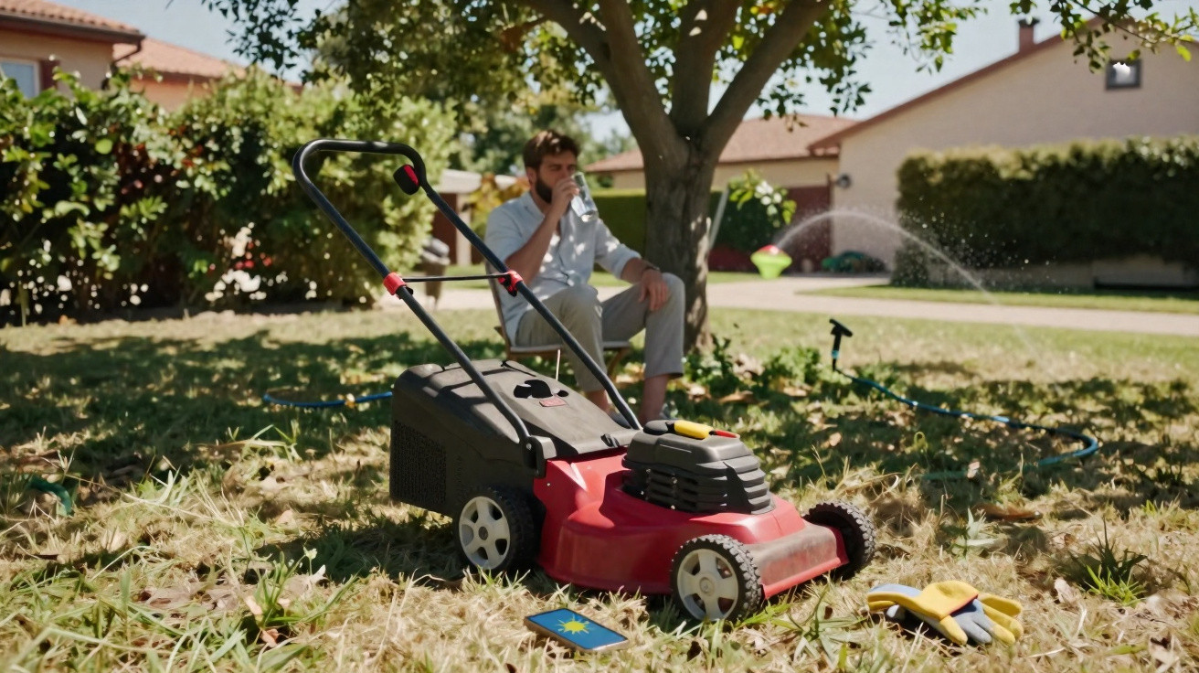 Red lawn mower on dry grass with gardening gloves and a phone, man sitting under a tree drinking water nearby.