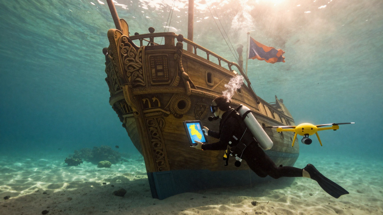 Diver with tablet and underwater drone exploring a sunken ornate wooden ship on the ocean floor.