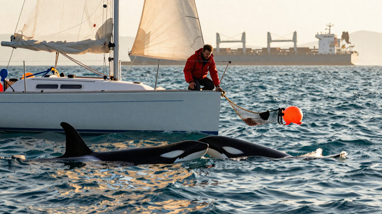 Man in red jacket leaning over sailboat side holding net near two swimming orcas with cargo ship in background