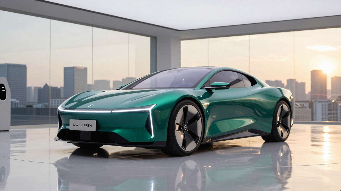 Glossy green electric sports car with futuristic design parked inside glass showroom at sunset.