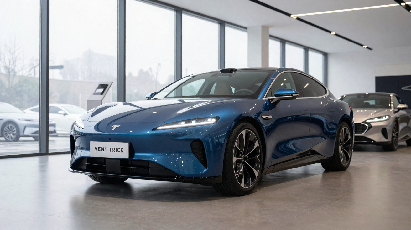 Blue Tesla Model S electric car displayed inside a modern showroom with large glass windows.