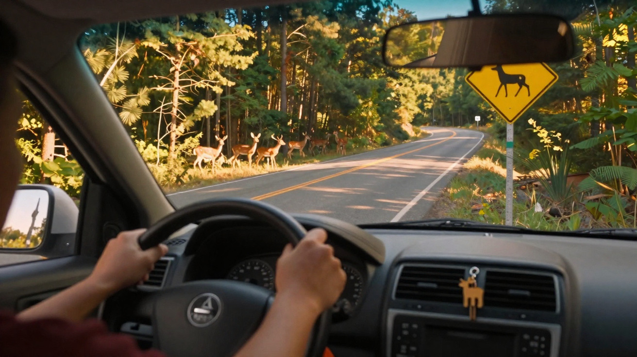 View from inside a car of a deer crossing sign and deer by the roadside in a wooded area.