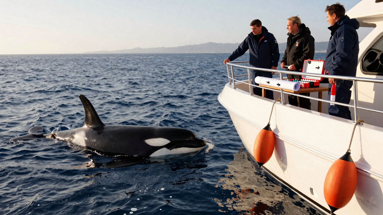 Orca whale swimming near a boat with three people observing on a calm sea.