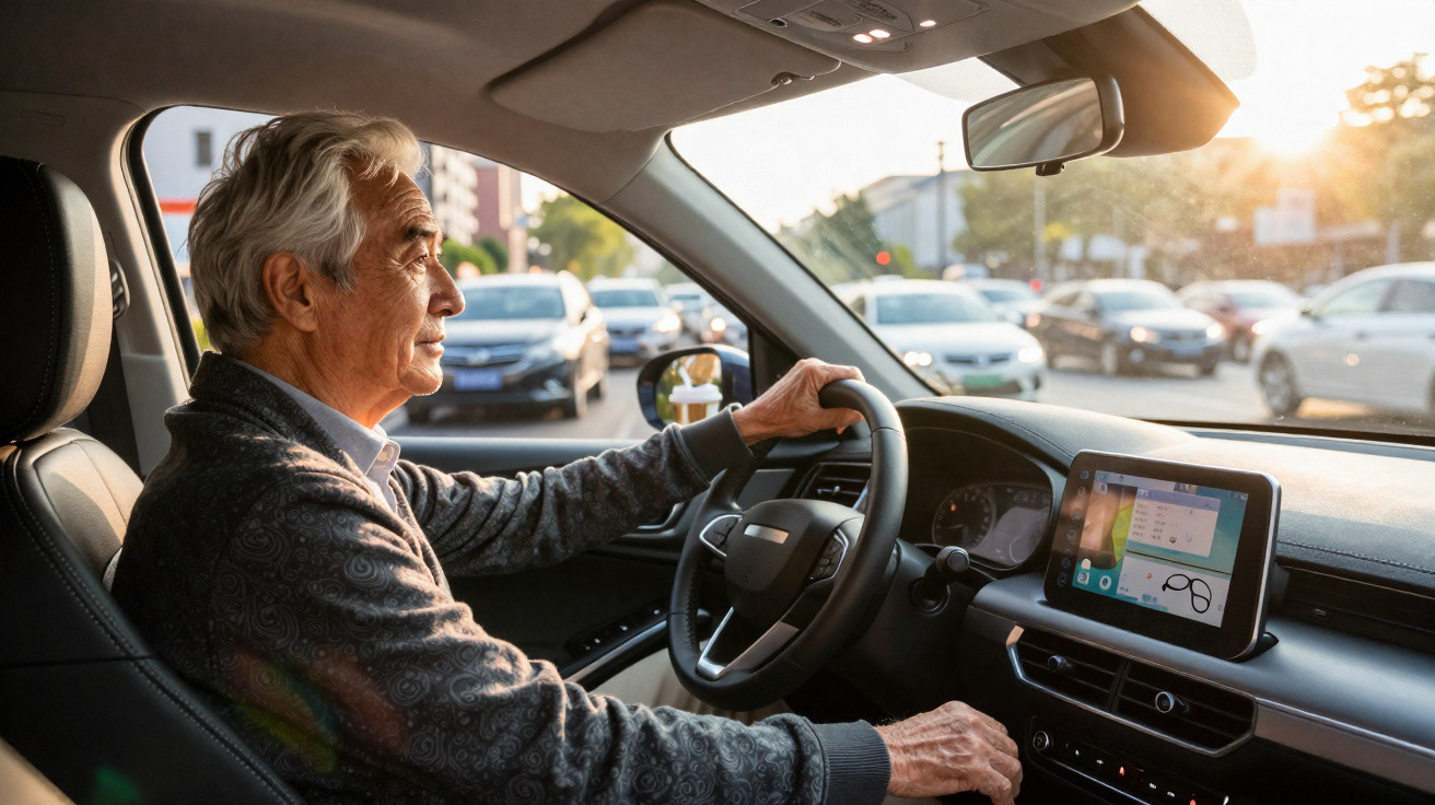 Elderly man driving a car during daylight with urban traffic visible through the windows.