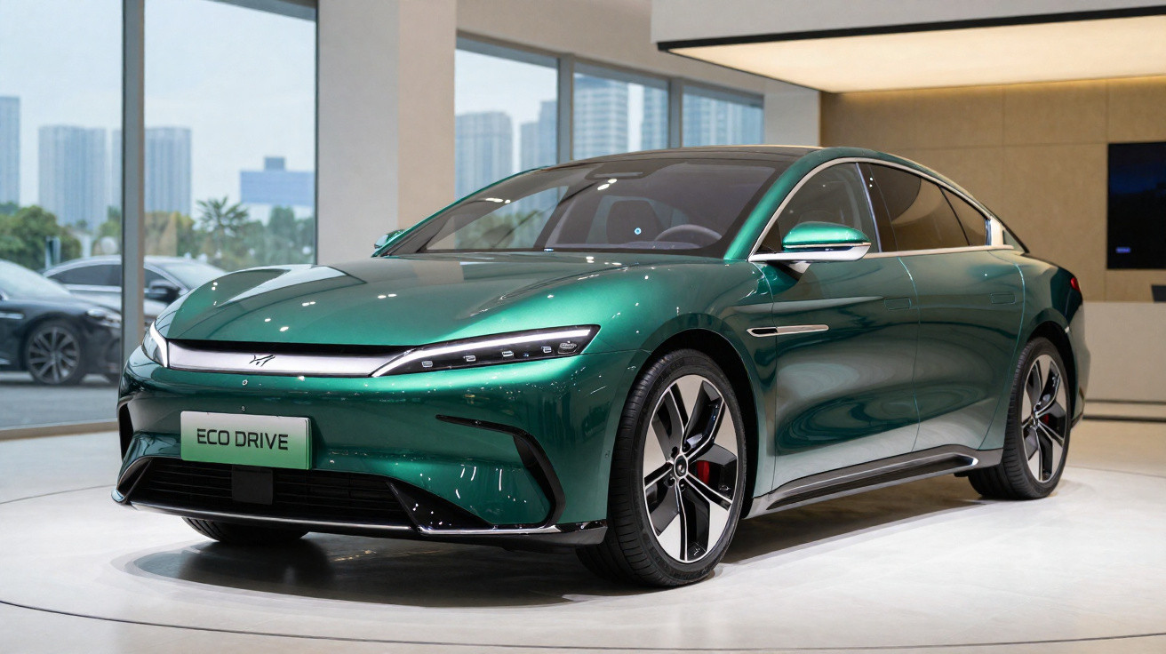 Sleek green electric sedan with "ECO DRIVE" plate displayed in a bright modern showroom.