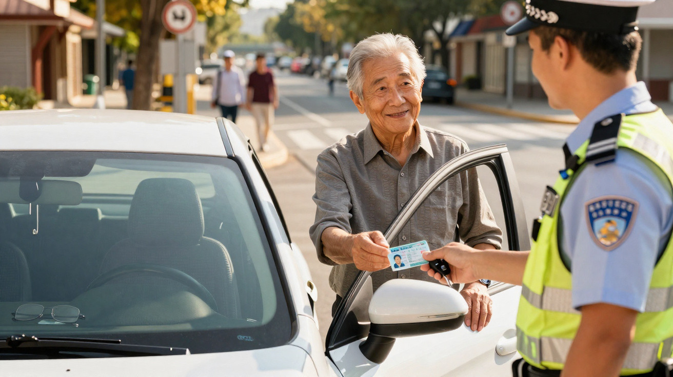 Elderly man handing driver’s licence to police officer beside a white car on a sunny street.