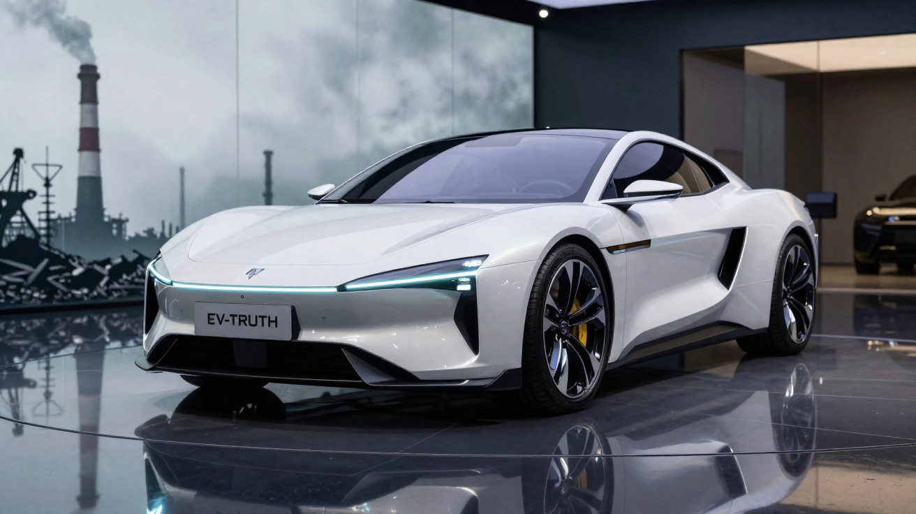 White sleek electric sports car EV-Truth displayed indoors with industrial smoke stacks in the background.
