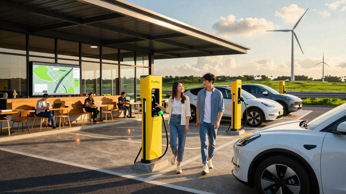 Couple walking at an electric vehicle charging station with cars, tables, and wind turbines in the background.