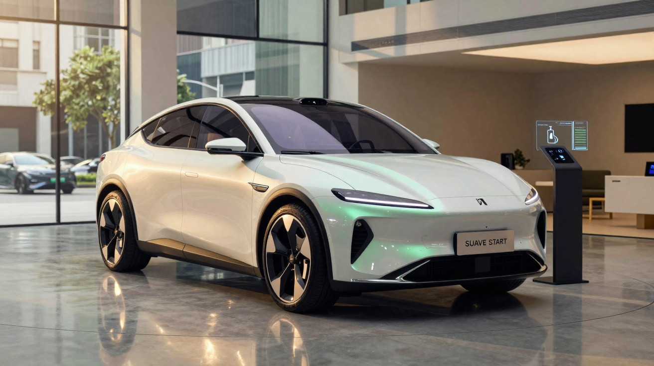 White sleek electric car displayed indoors near charging station with modern city buildings visible outside.