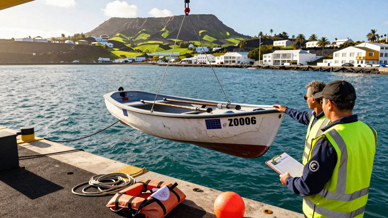Two men in high-visibility vests supervise a boat being lifted from water at a harbour with green hills and buildings in back
