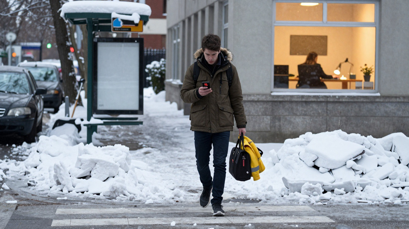Young man in winter coat crosses snowy street while looking at phone, with office worker visible through window behind.