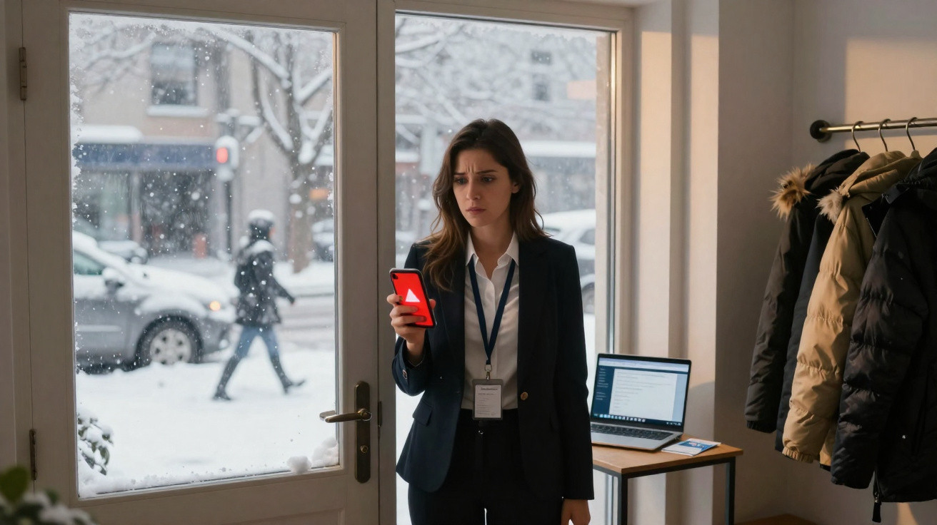 Woman in suit looking worried at phone inside snowy office with coats on rack and laptop on desk.