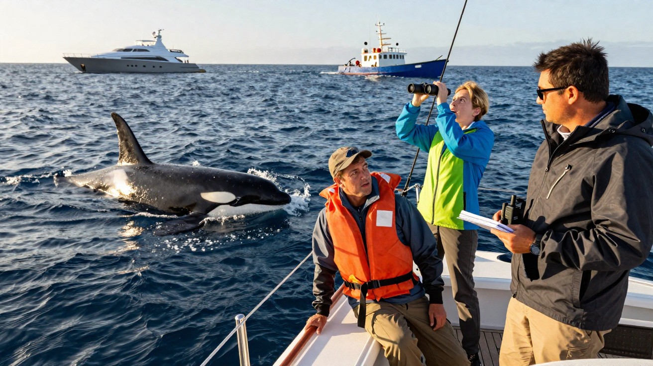 Three people on a boat observing a close orca whale in the ocean with two yachts in the background.