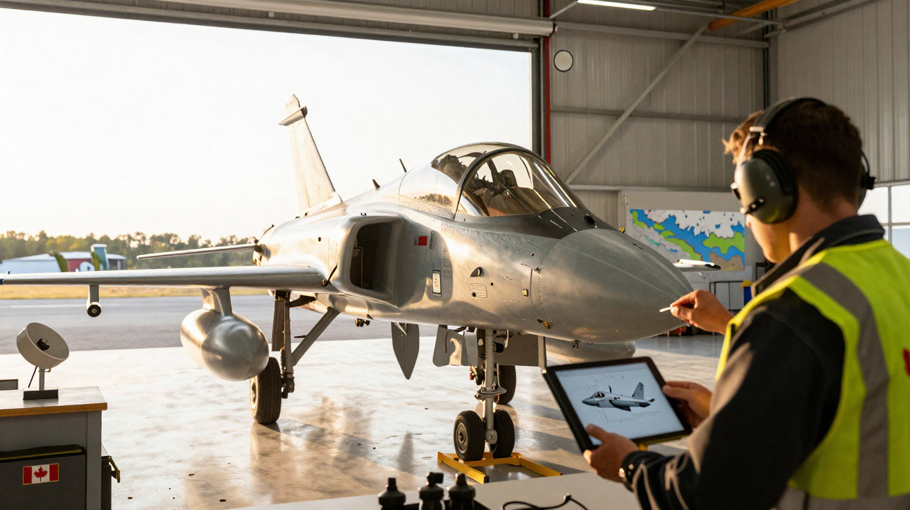 Technician inspecting a fighter jet inside a hangar using a tablet displaying the aircraft's diagram.
