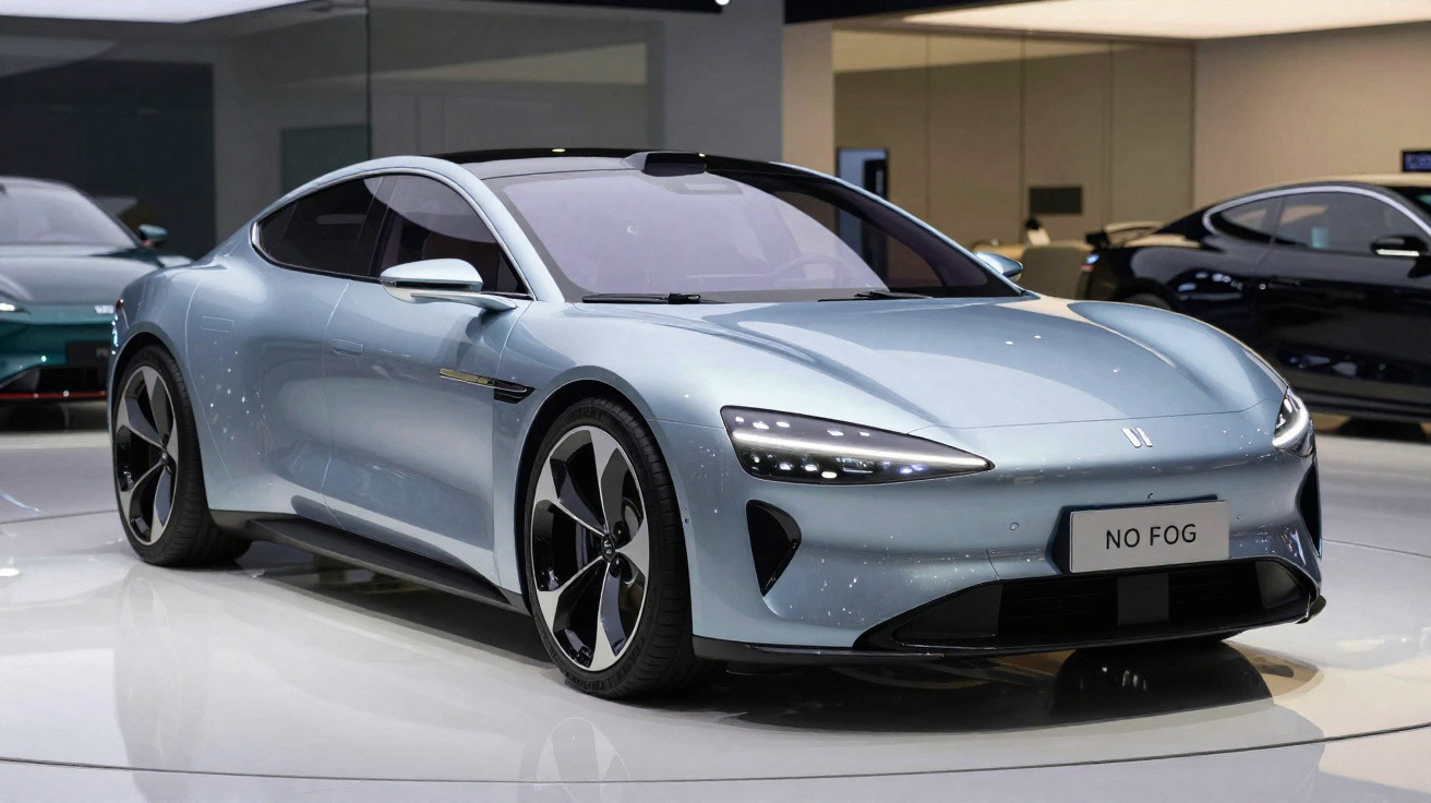 Sleek light blue electric sports car on display with modern LED headlights and large alloy wheels.