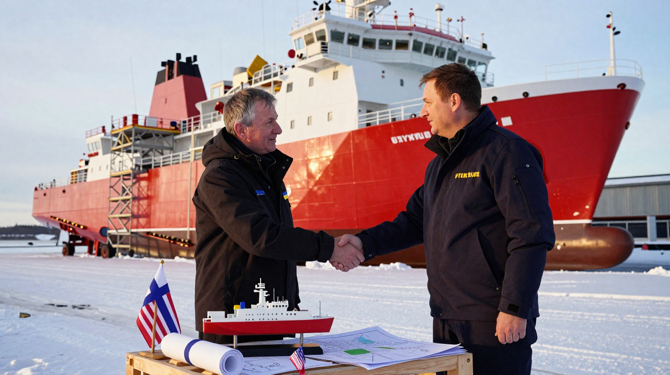 Two men shaking hands beside a model ship and blueprints with a large red ship docked in snowy surroundings.