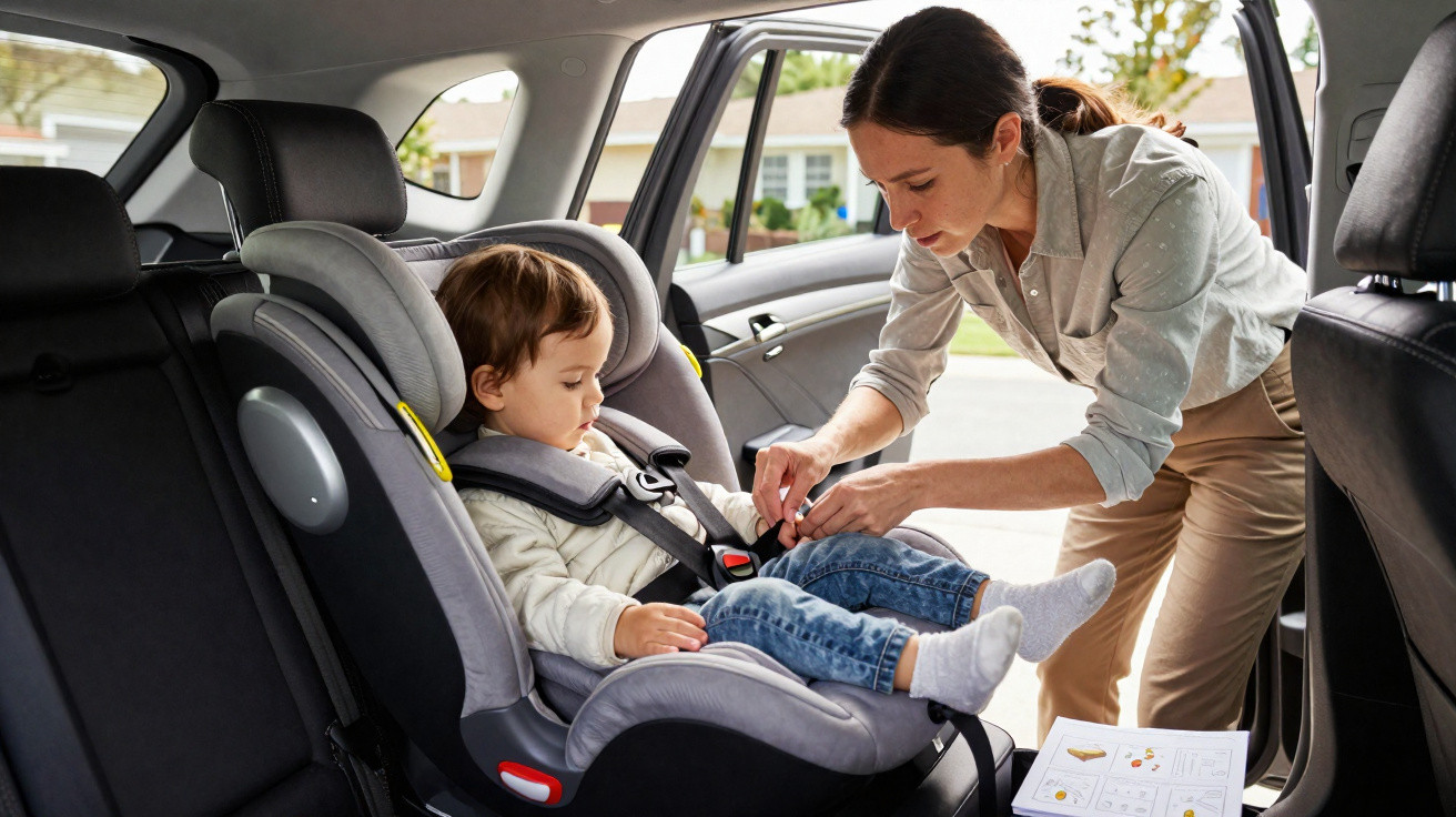 Adult securing a toddler in a rear-facing car seat inside a parked car.