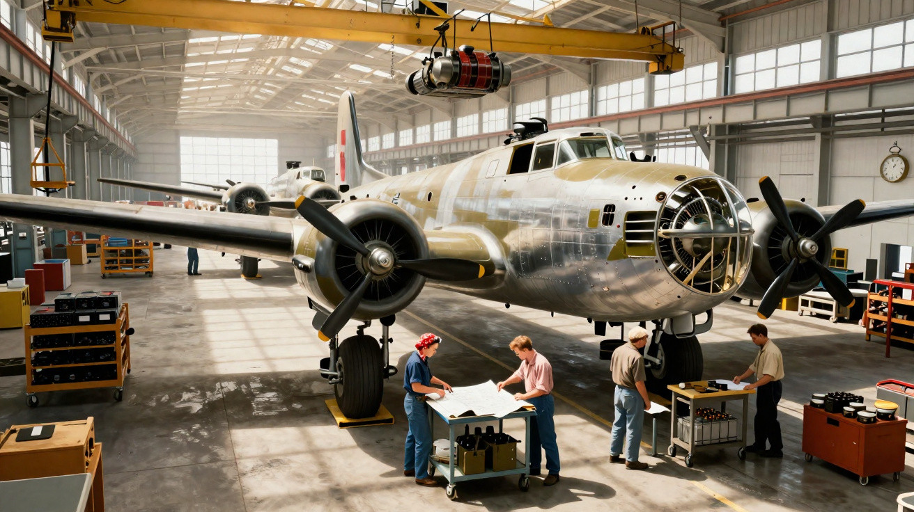 Two vintage aircraft in a hangar with four mechanics inspecting documents and equipment.