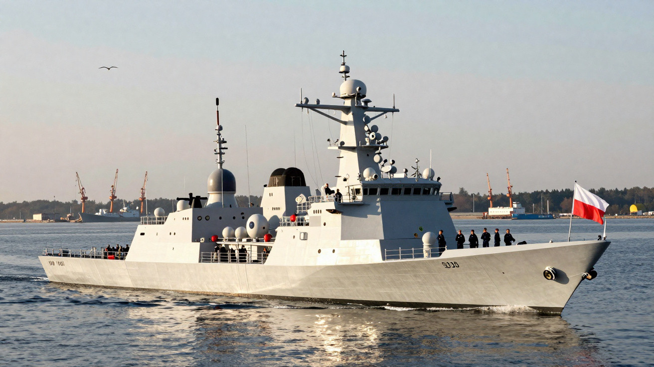 Polish navy warship sailing on calm water with several crew members on deck and cranes in background.