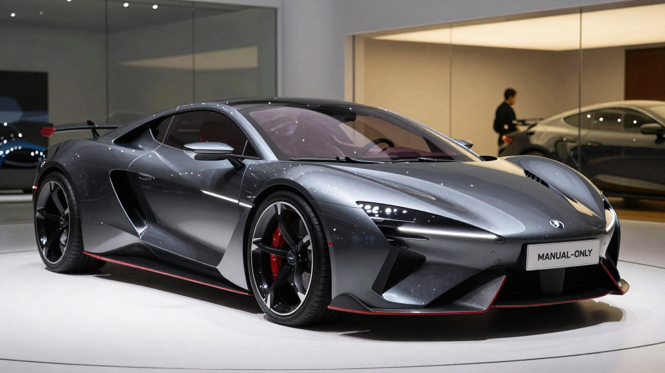 Sleek grey McLaren sports car with red accents displayed in a showroom, labelled "Manual-Only" on the front plate.