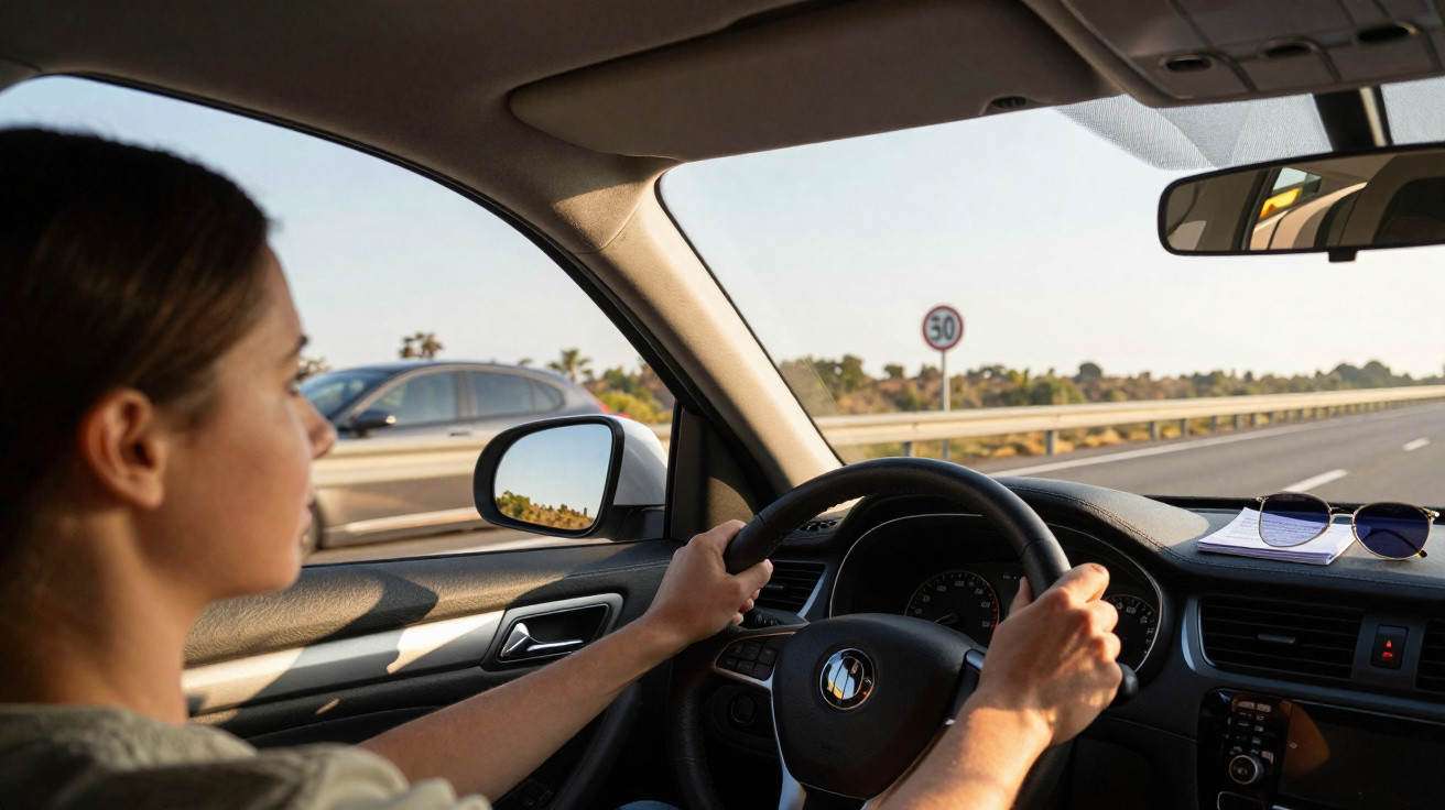 Woman driving a car on a sunny road with a 30 mph speed limit sign visible ahead.