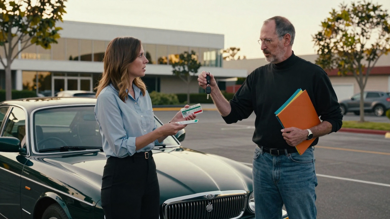 Man in black sweater handing car keys to woman holding documents beside green vintage car in parking lot.