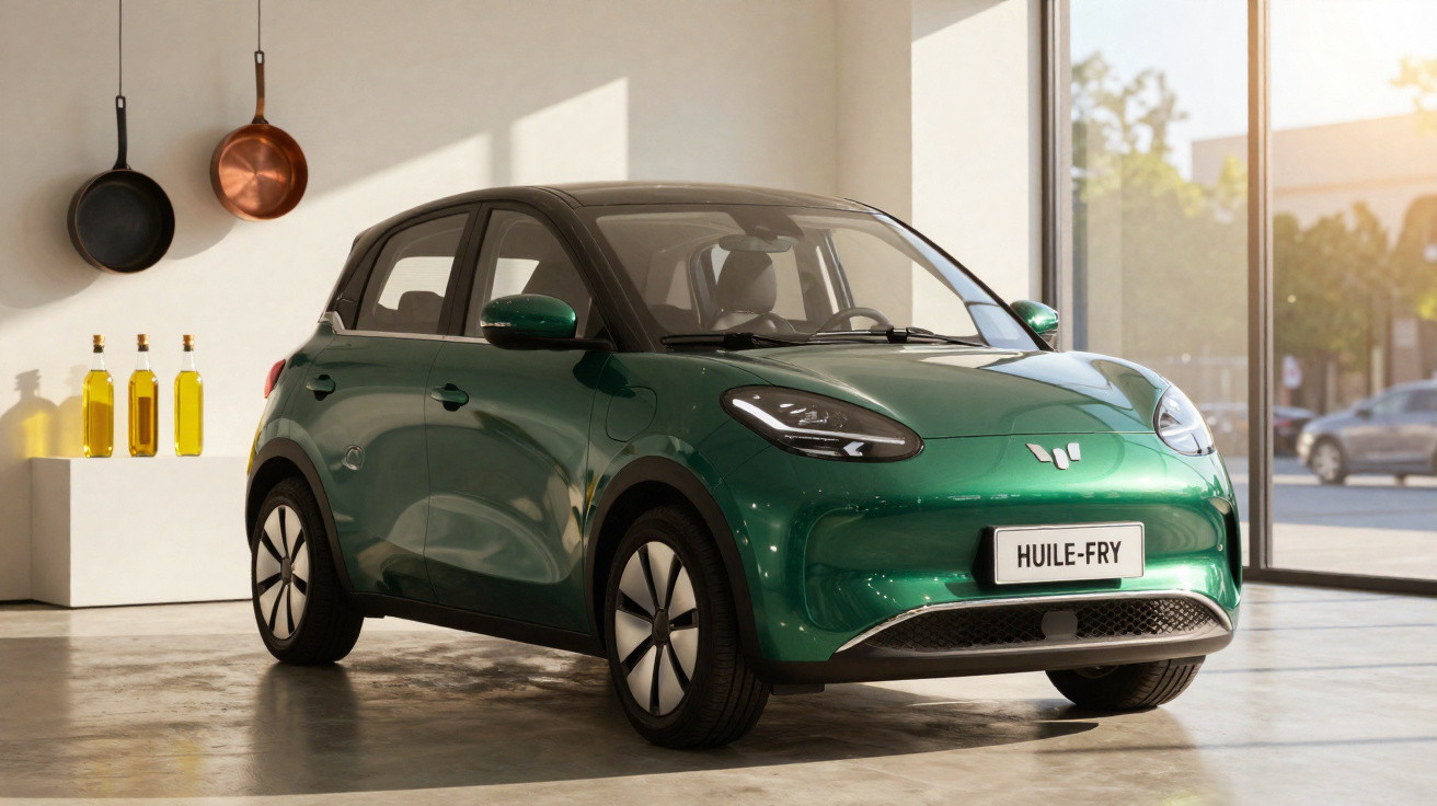 Green compact electric car displayed indoors near kitchen utensils and sunlight through large windows.