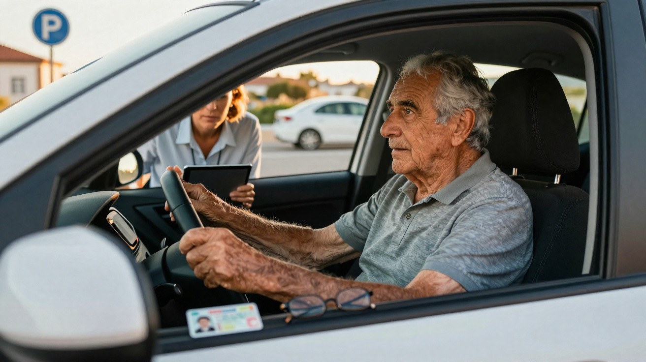 Elderly man sitting in driver’s seat of car with a woman holding a tablet outside the window.