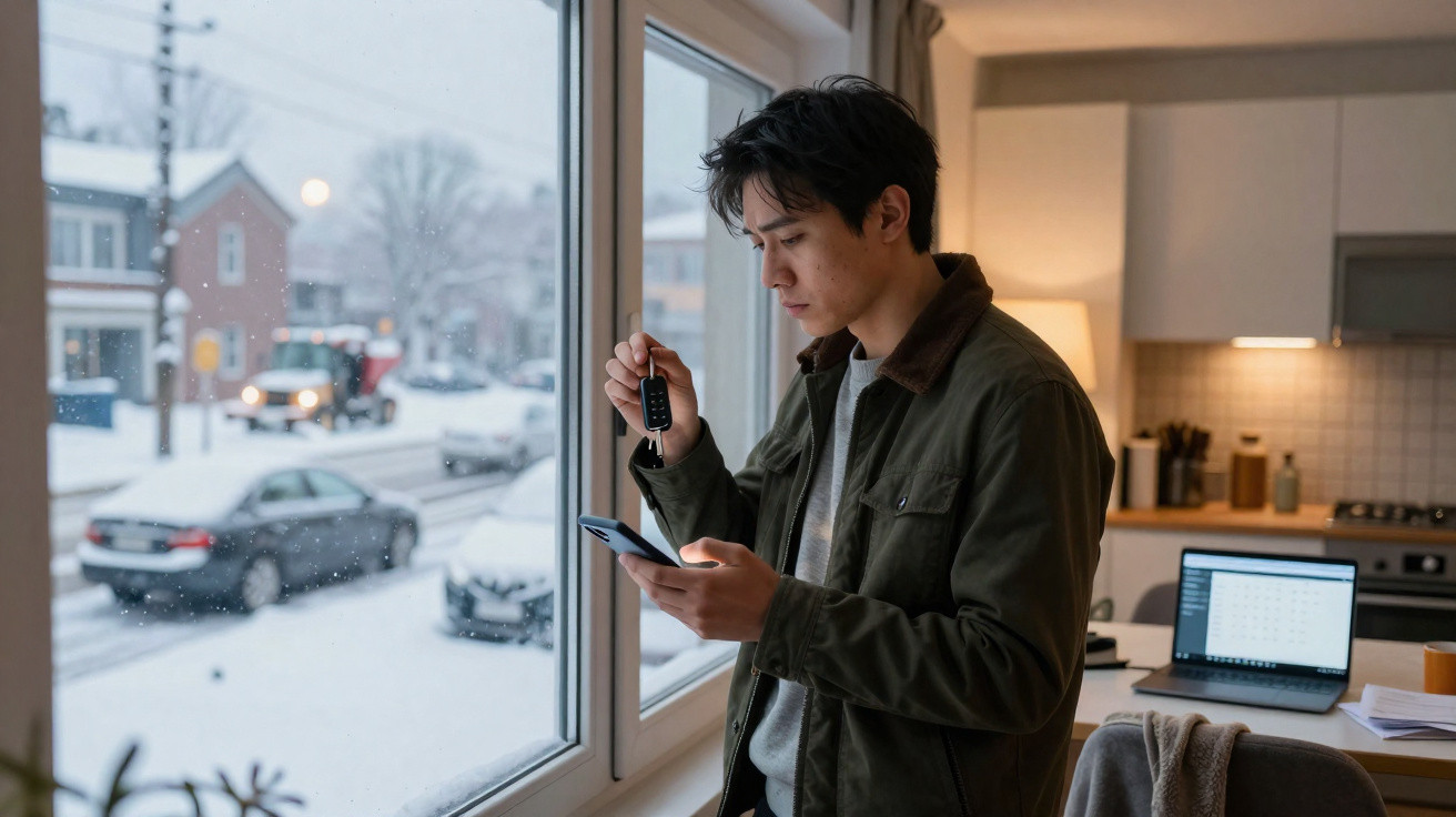 Young man holding a car key and looking at his phone by a window with a snowy street outside and a laptop on a desk nearby.