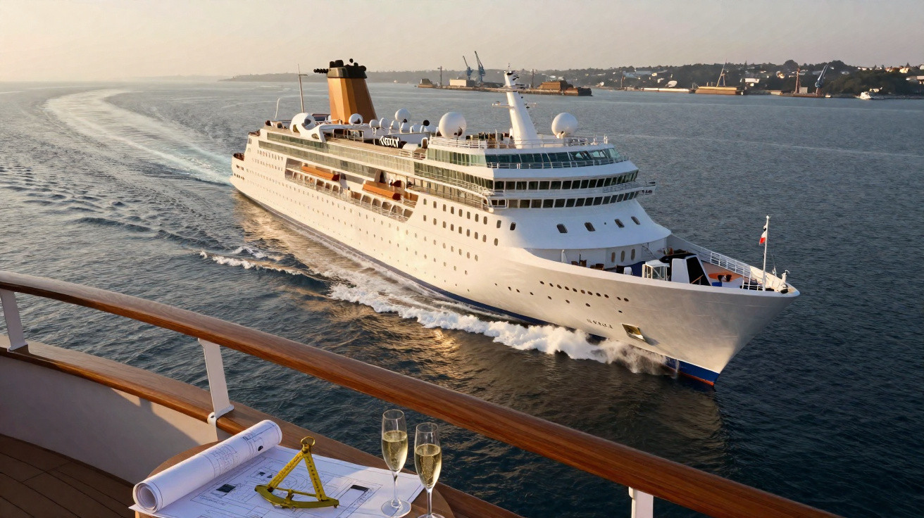 Large white cruise ship sailing near coastline, viewed from balcony with nautical chart and two glasses of champagne.
