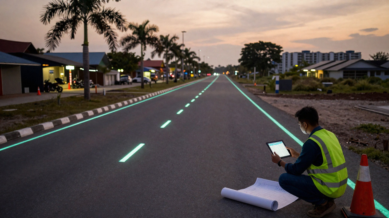 Man in high-visibility vest checking a tablet near glowing road markings on an empty street at dusk.