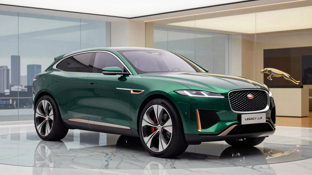 Green Jaguar I-PACE electric SUV displayed in a sleek, modern showroom with large windows and city views.