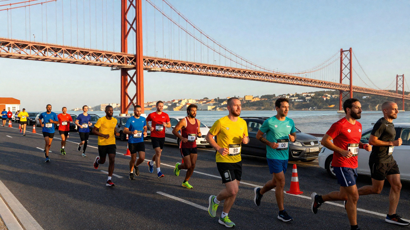Runners in colourful sportswear participating in a marathon by a river with a large suspension bridge in the background.