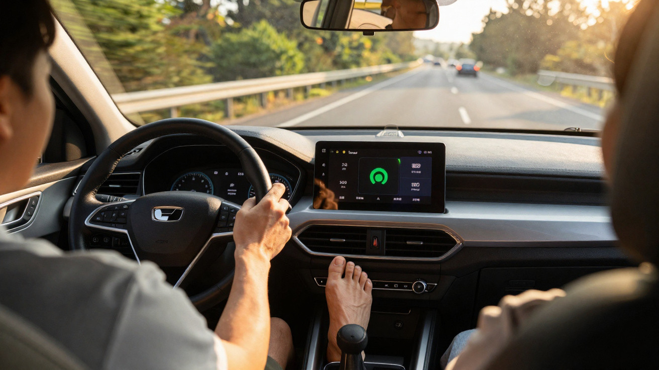 Person driving a car with feet resting on the dashboard, view of the steering wheel and infotainment screen on the road.