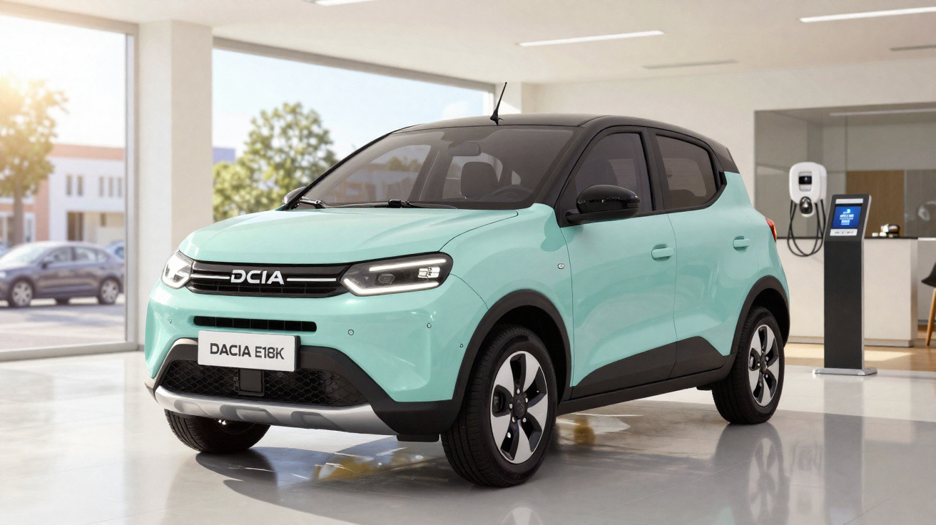 Mint green Dacia E18K electric car displayed indoors next to a charging station.