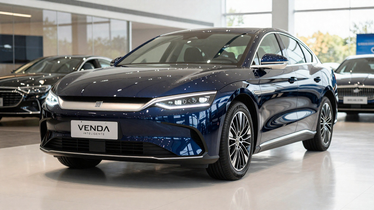 Sleek dark blue sedan displayed in a bright showroom with modern headlights and stylish alloy wheels.