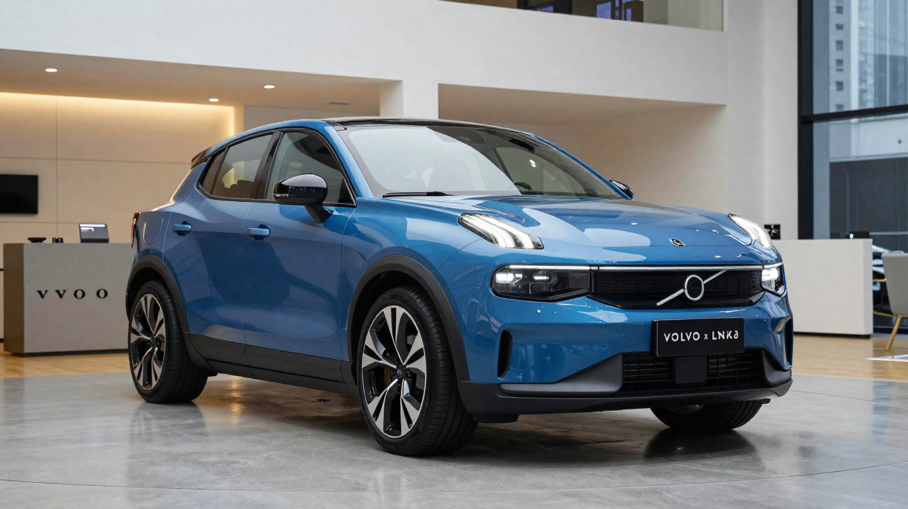 Blue Volvo Lynk & Co electric SUV displayed indoors with modern interior background and large windows.