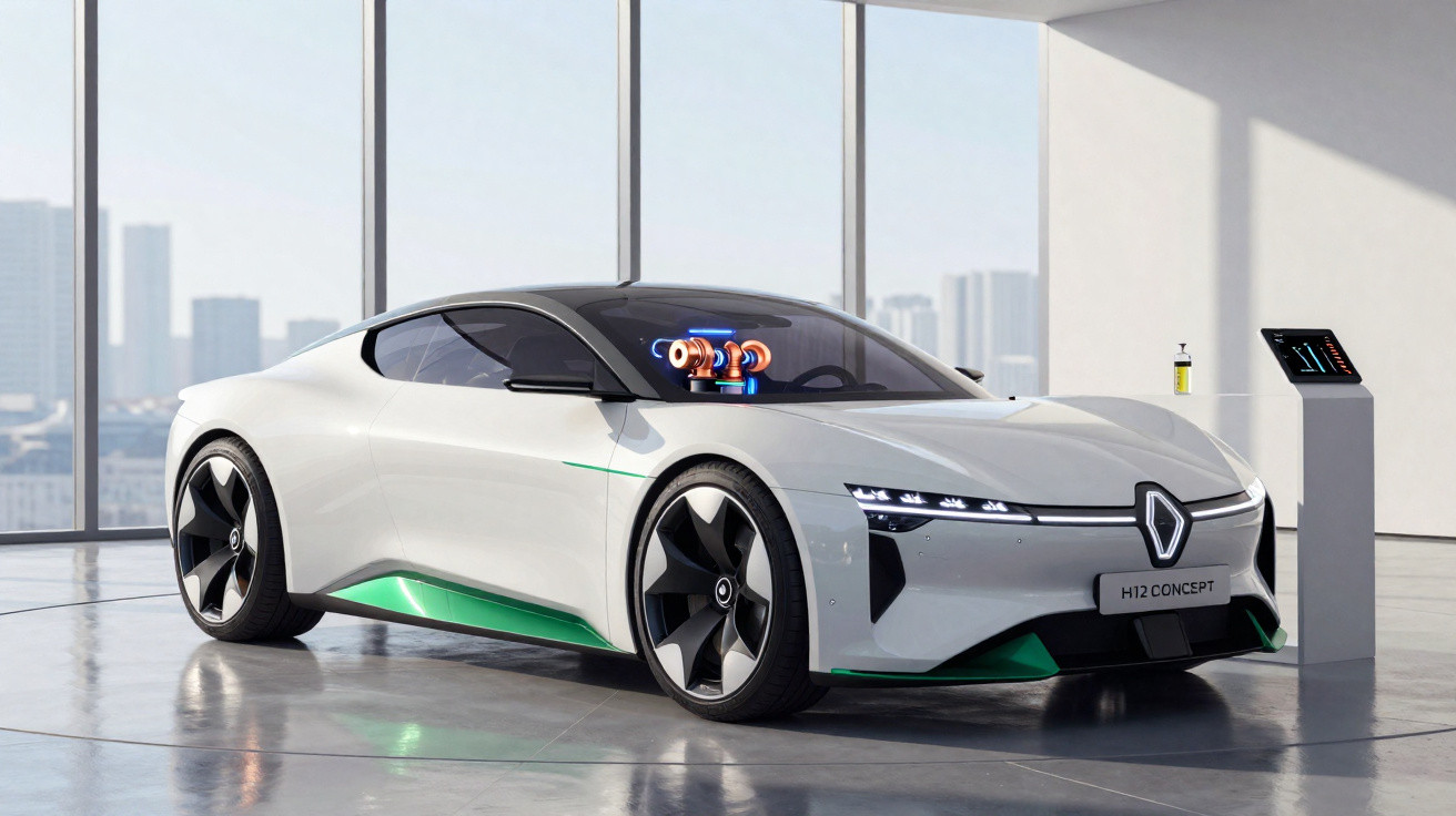 White futuristic Renault H12 concept car with black wheels and green accents in a showroom with large windows