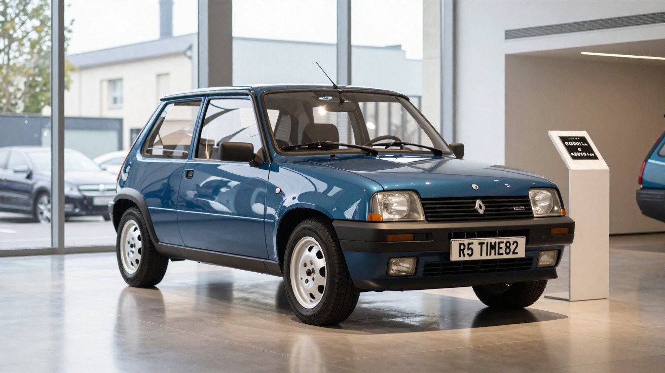 Blue Renault 5 hatchback car displayed indoors on a polished floor with large windows in the background.