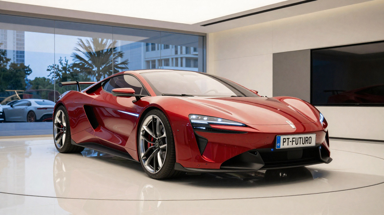 Sleek red sports car with futuristic design displayed in a modern showroom with large windows.
