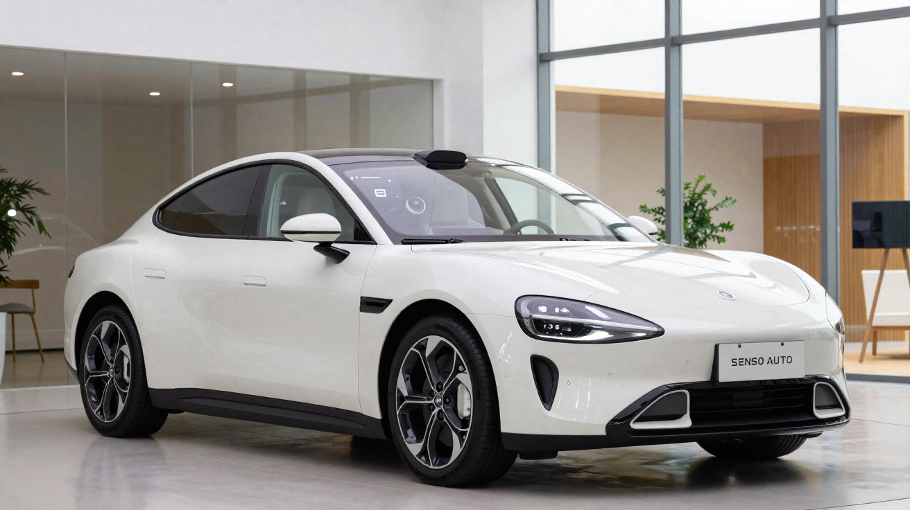 White modern electric car displayed indoors with sleek design and large windows in the background.