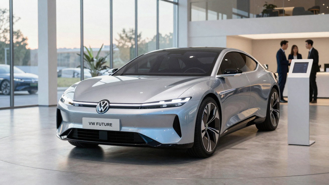 Silver Volkswagen electric concept car displayed in a modern showroom with three people in the background.