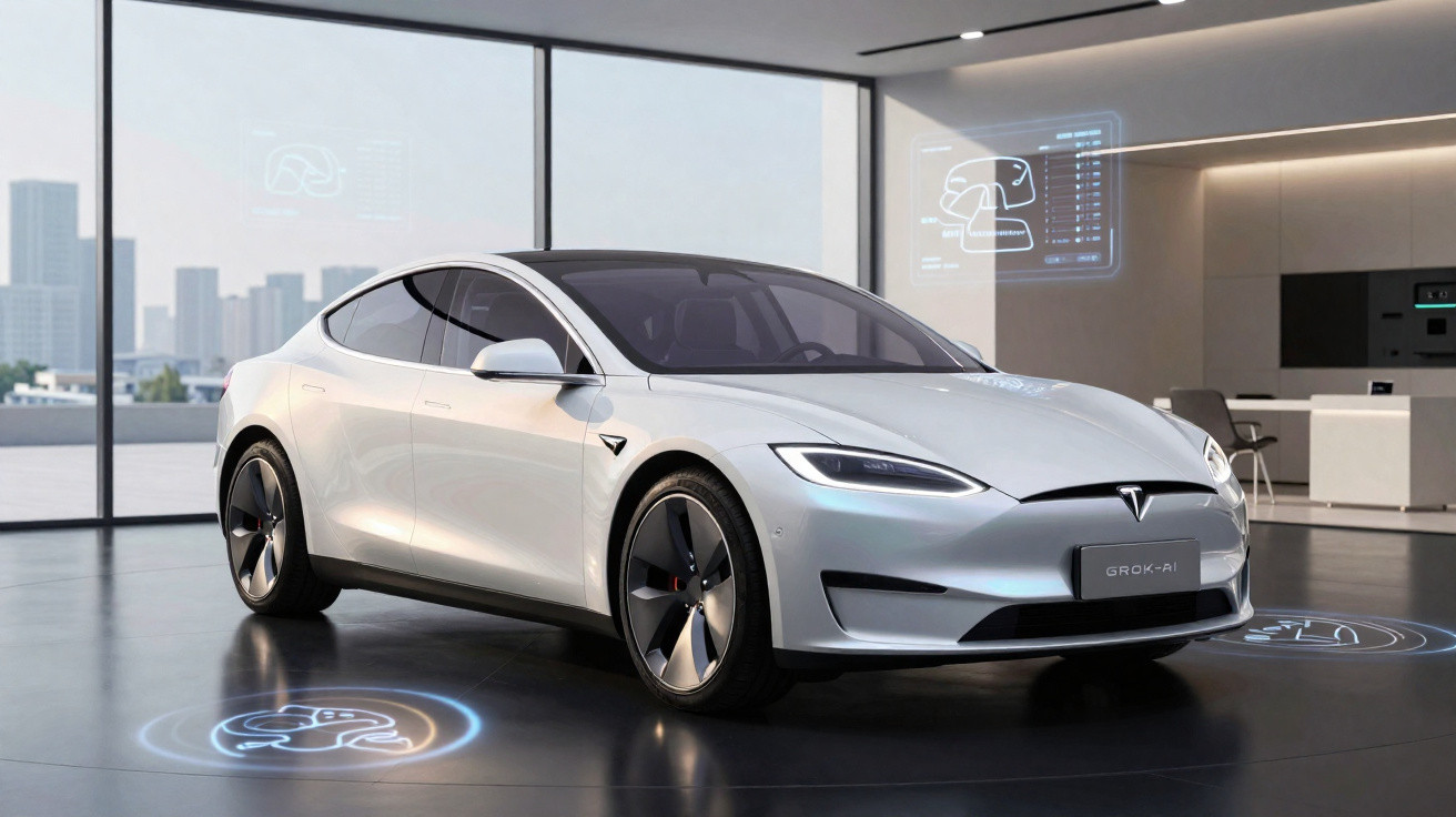 Sleek white Tesla electric car displayed indoors with digital interface graphics around it and cityscape outside window.