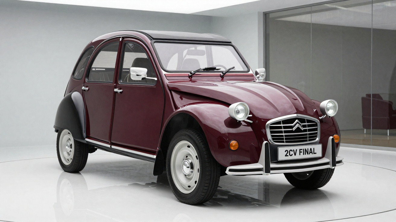 Maroon Citroën 2CV classic car with black wheel arches displayed in a modern white gallery space.