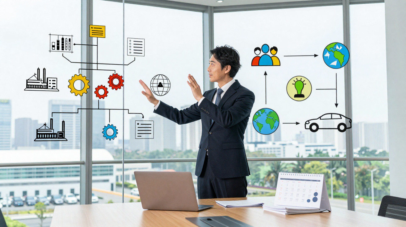 Businessman in suit interacting with digital sustainability and global connection icons in modern office.