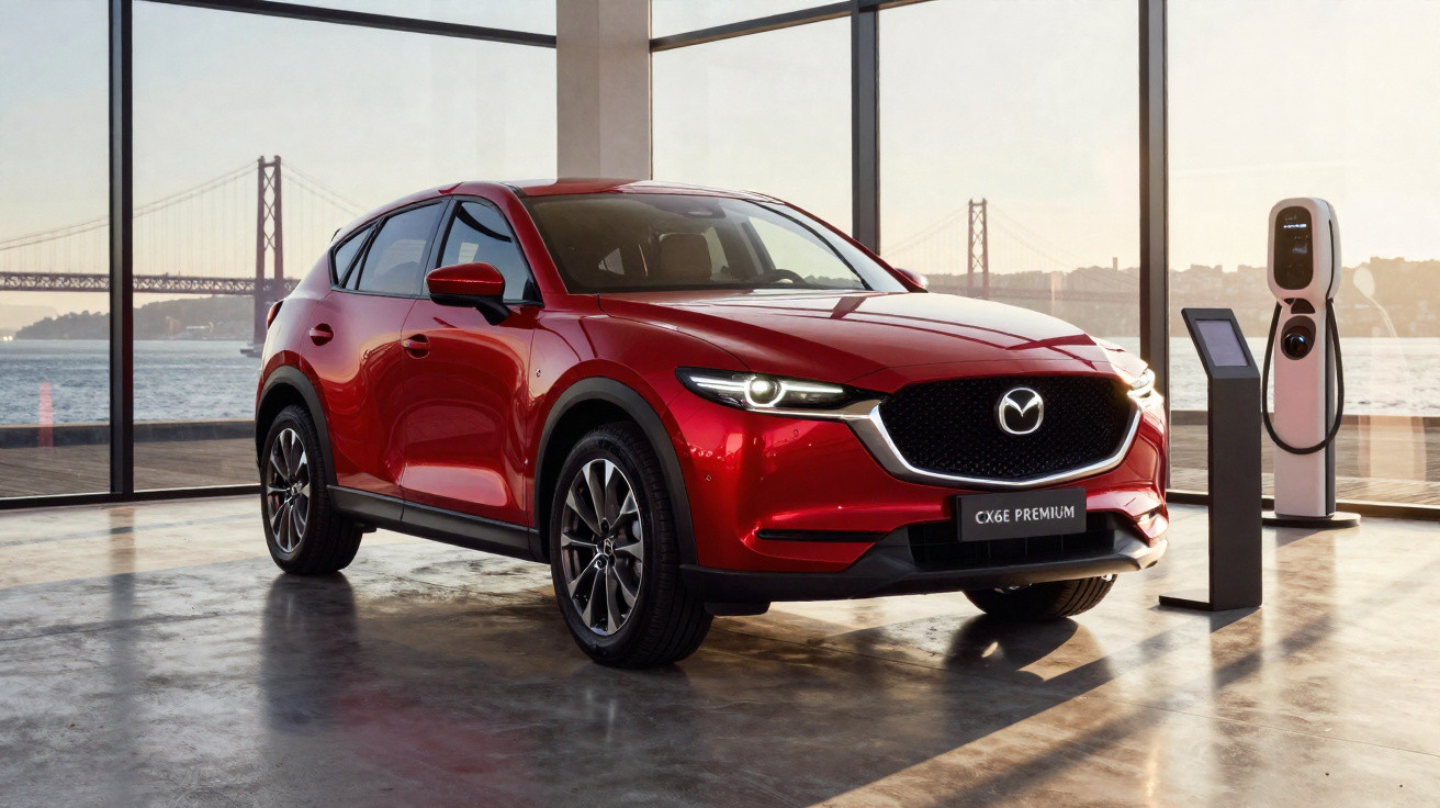 Red Mazda CX-60 Premium SUV parked indoors near EV charging station with large windows showing bridge and water view.
