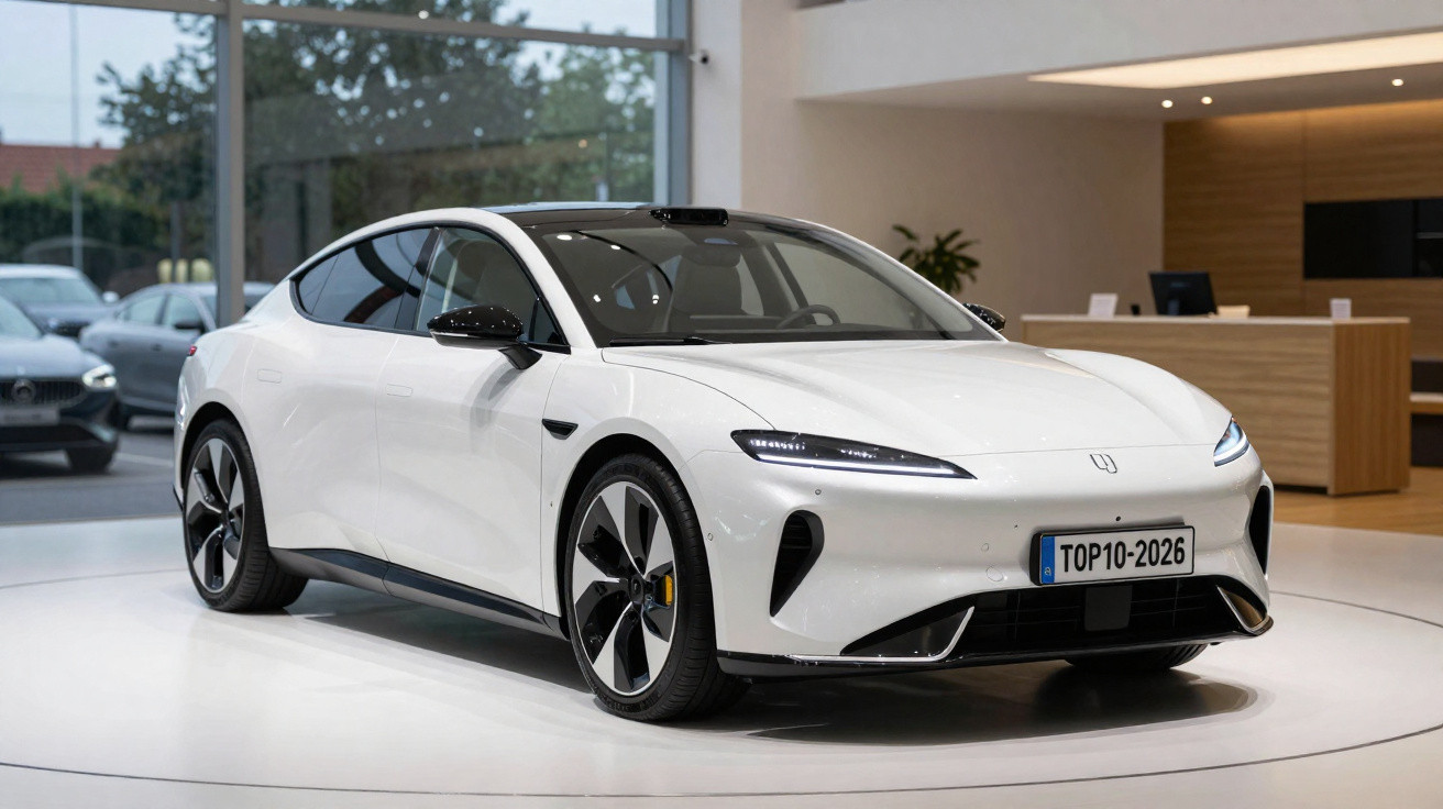 White modern electric sedan displayed indoors with sleek design and tinted windows on a rotating platform.