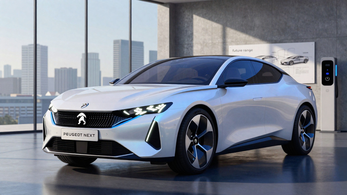 White Peugeot Next electric concept car parked inside a modern showroom with city skyline visible.