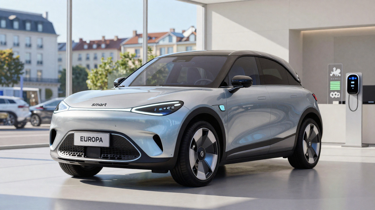 Silver Smart electric car Europa model parked indoors near a charging station with city buildings visible outside.