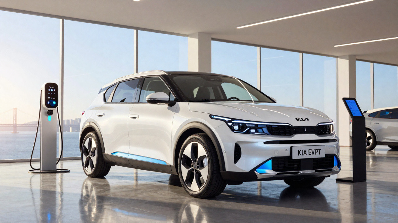 White Kia electric SUV parked indoors near charging station with panoramic windows showing cityscape outside.